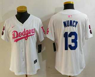 Womens Los Angeles Dodgers #13 Max Muncy White Pink With Patch Limited Stitched Jersey